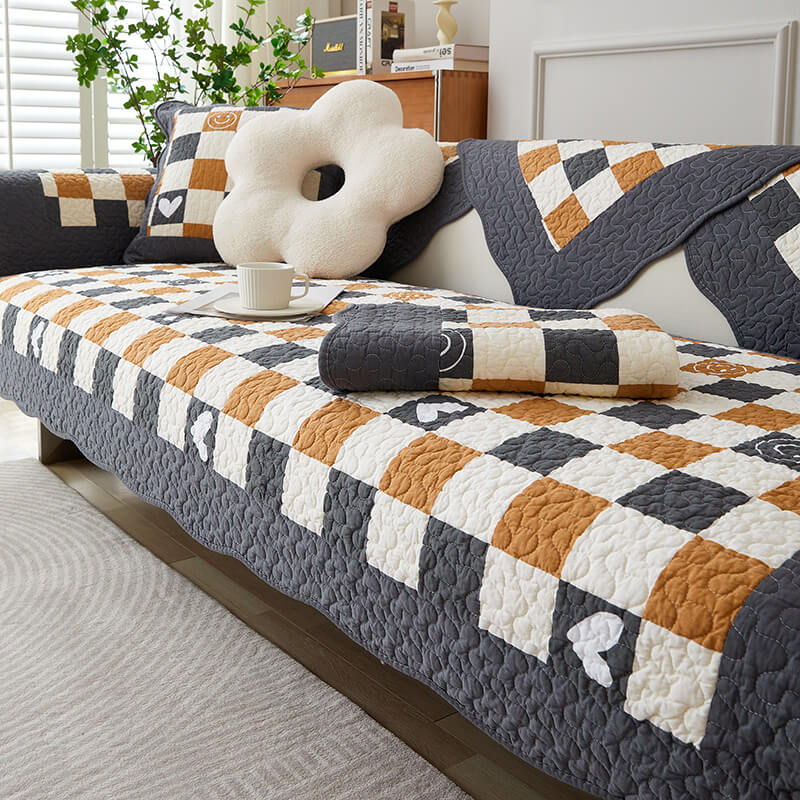 Plaid Cotton Furniture Protector Pad Set | Breathable Non-Slip Couch Cushion Cover for Sofa Seat Protection | Pet-Friendly Machine | Thomler