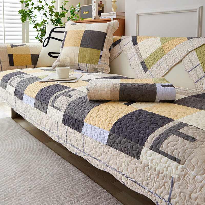 Plaid Cotton Furniture Protector Pad Set | Breathable Non-Slip Couch Cushion Cover for Sofa Seat Protection | Pet-Friendly Machine | Thomler