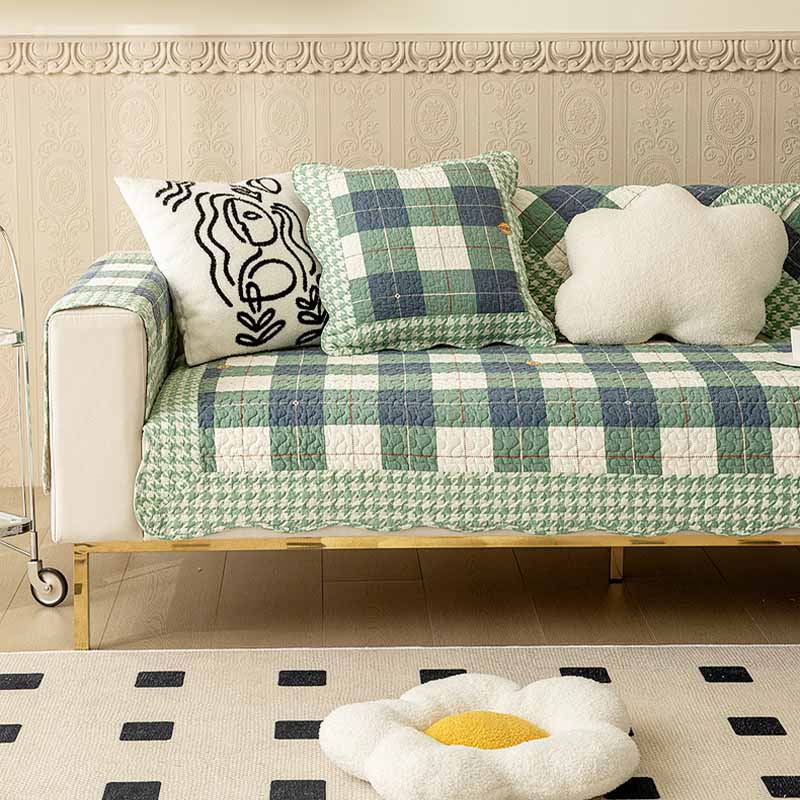 Plaid Cotton Furniture Protector Pad Set | Breathable Non-Slip Couch Cushion Cover for Sofa Seat Protection | Pet-Friendly Machine | Thomler
