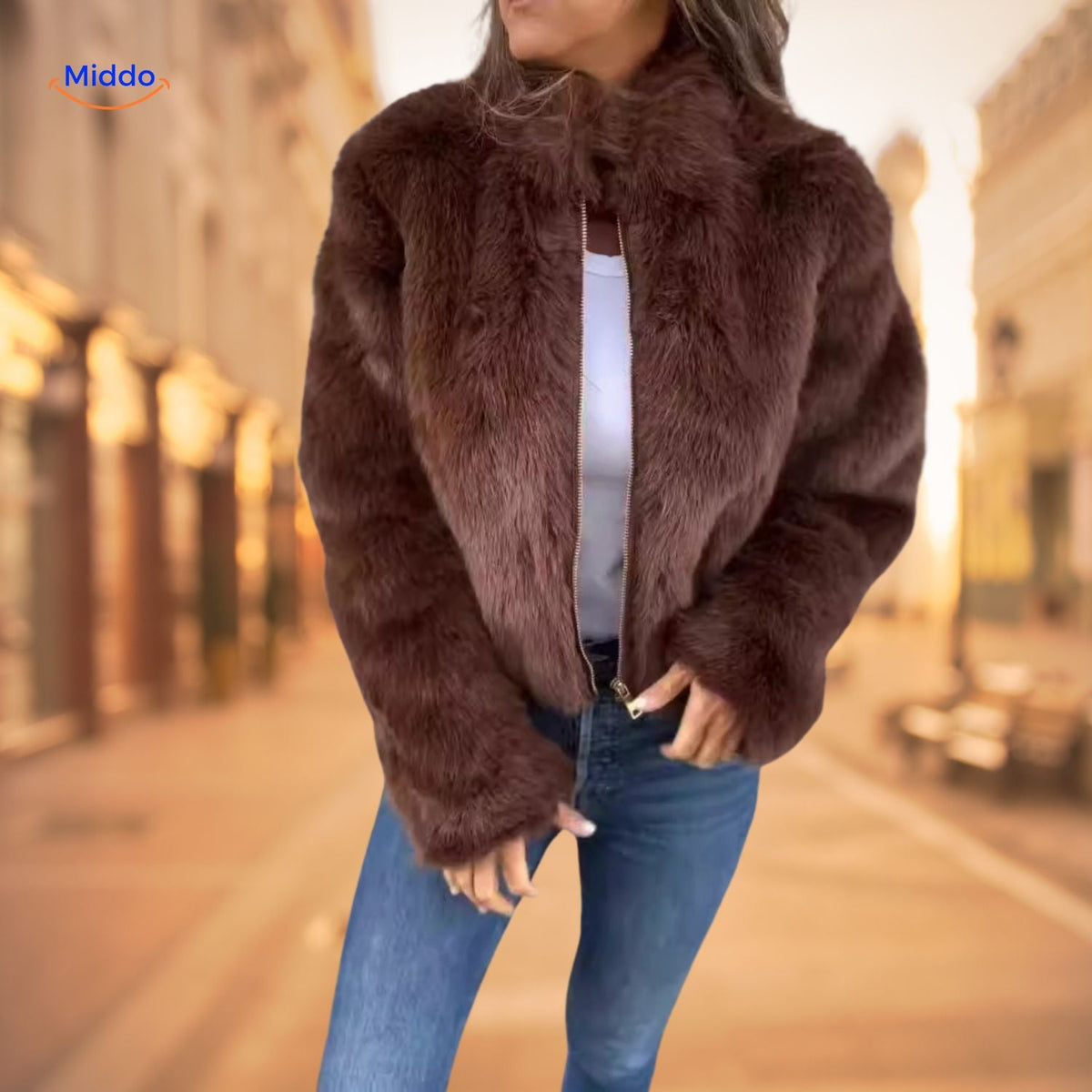 Women's Plush High-Neck Zip Coat – Soft Faux Fur Winter Jacket for Everyday & Dressy Looks | Thomler