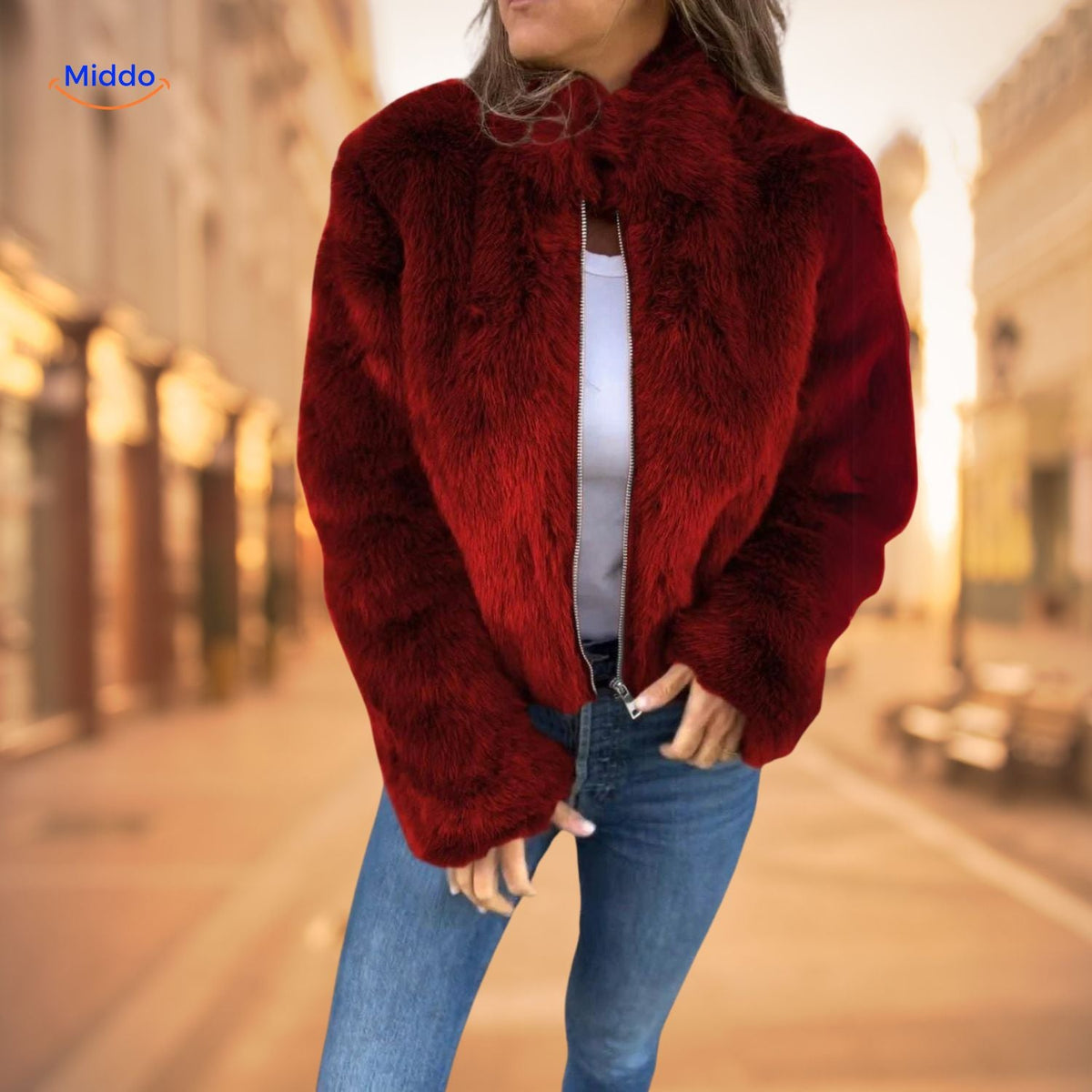 Women's Plush High-Neck Zip Coat – Soft Faux Fur Winter Jacket for Everyday & Dressy Looks | Thomler