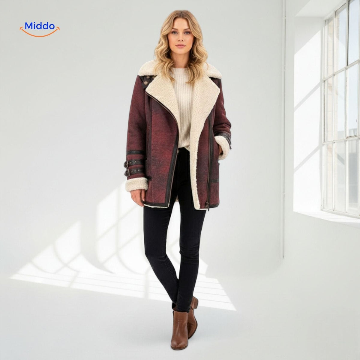 Women's Faux Suede Long Coat with Plush Faux Fur Lining – Windproof Full-Length Winter Jacket | Thomler