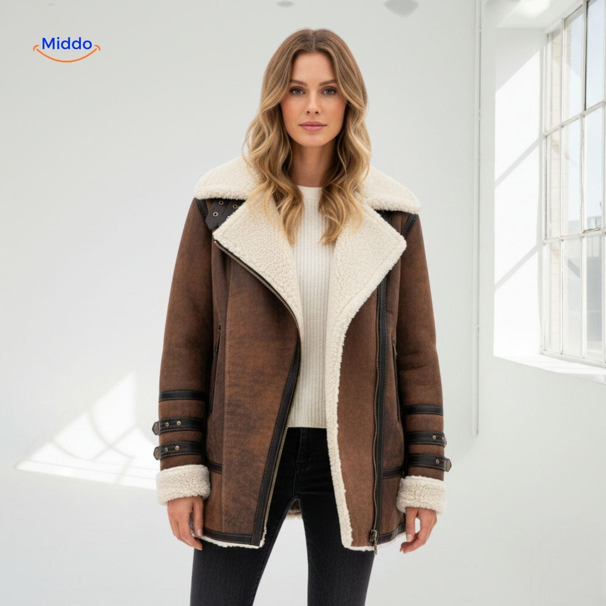 Women's Faux Suede Long Coat with Plush Faux Fur Lining – Windproof Full-Length Winter Jacket | Thomler