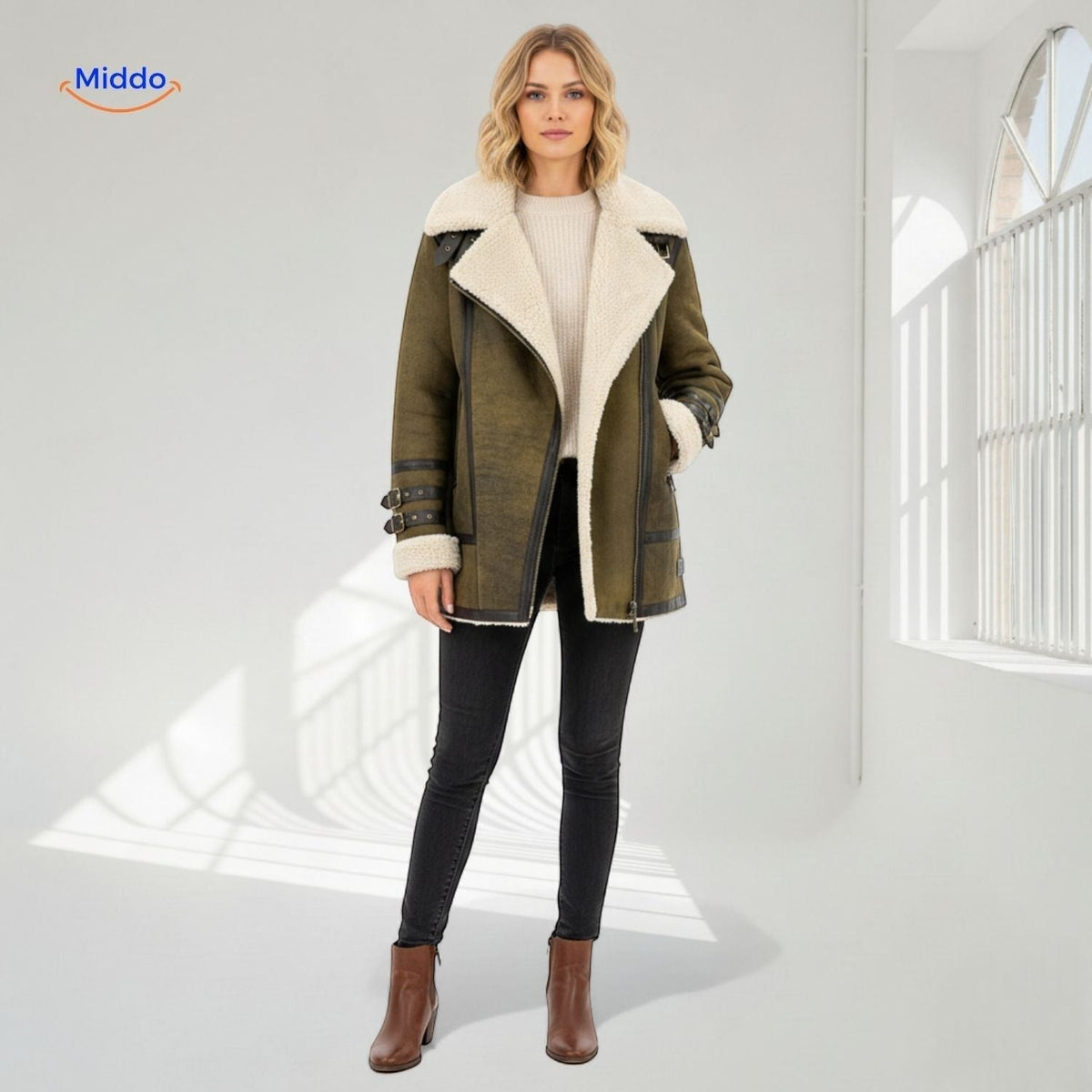 Women's Faux Suede Long Coat with Plush Faux Fur Lining – Windproof Full-Length Winter Jacket | Thomler