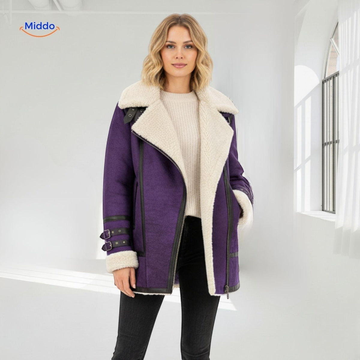 Women's Faux Suede Long Coat with Plush Faux Fur Lining – Windproof Full-Length Winter Jacket | Thomler