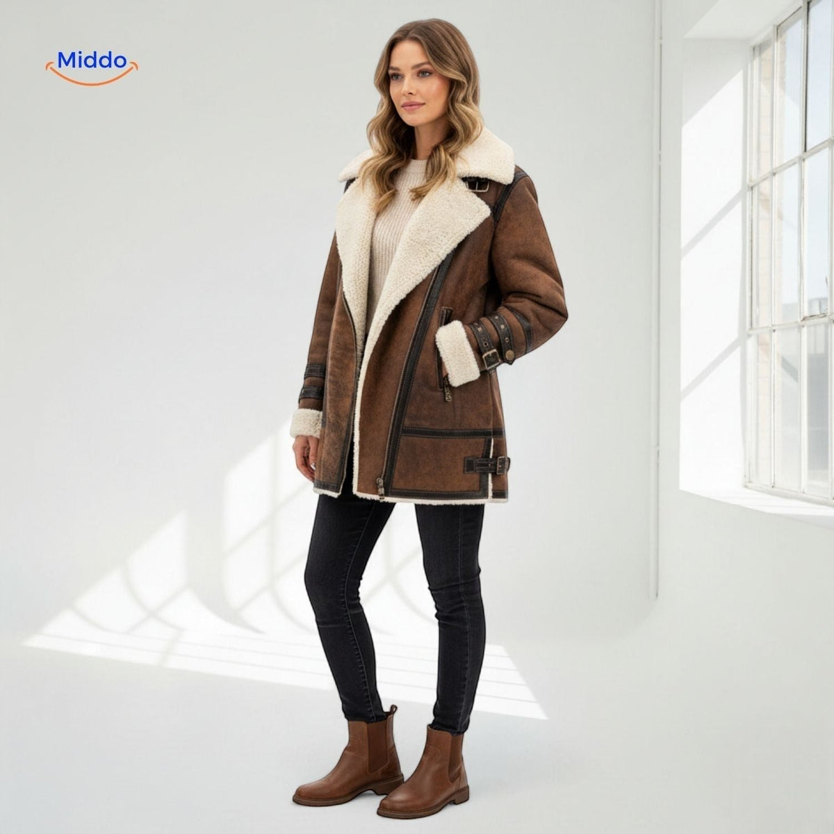 Women's Faux Suede Long Coat with Plush Faux Fur Lining – Windproof Full-Length Winter Jacket | Thomler