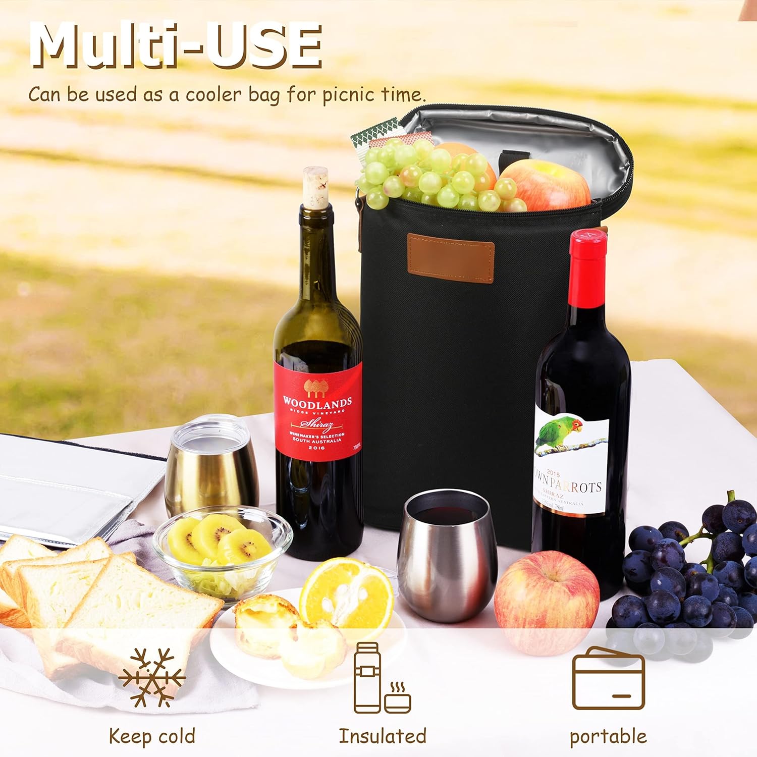 Double-Bottle Wine Tote with Padded Divider & Insulated Lining for Picnics, Travel, Parties | Thomler