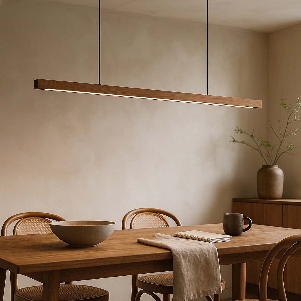 Linear Wood LED Pendant Light for Kitchen Island & Dining – Scandinavian Modern Hanging Fixture in Pine or Walnut | Thomler