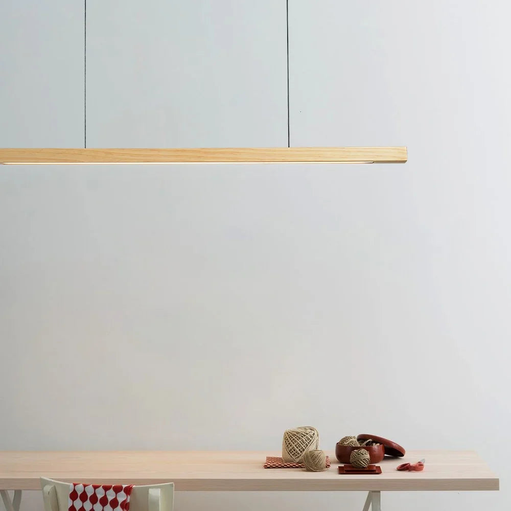Linear Wood LED Pendant Light for Kitchen Island & Dining – Scandinavian Modern Hanging Fixture in Pine or Walnut | Thomler