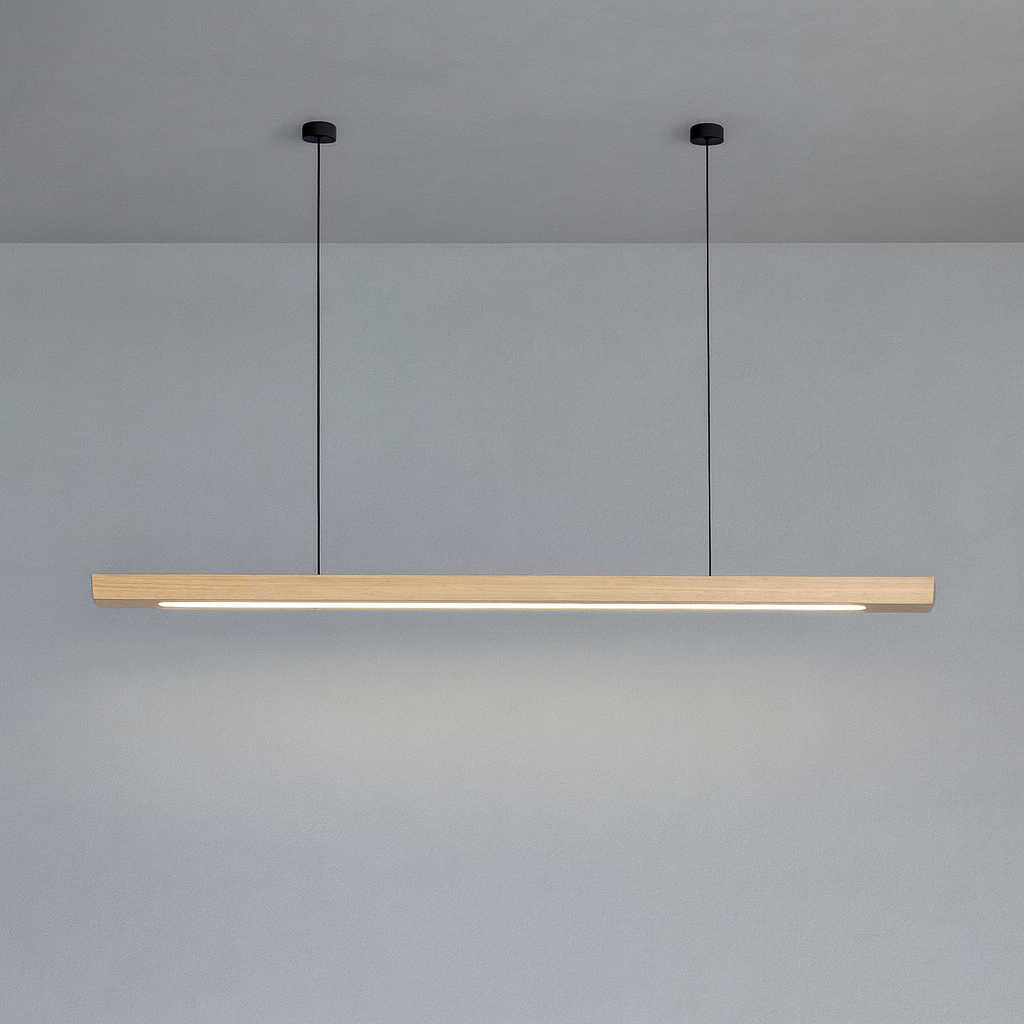 Linear Wood LED Pendant Light for Kitchen Island & Dining – Scandinavian Modern Hanging Fixture in Pine or Walnut | Thomler