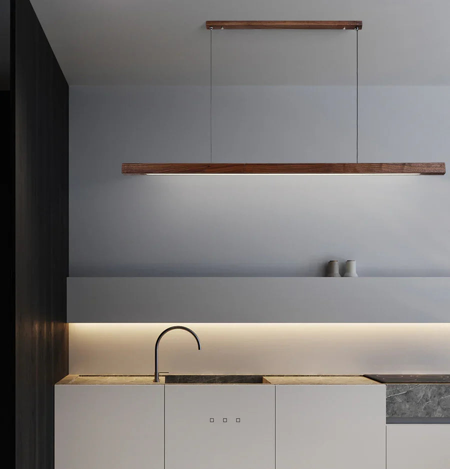 Linear Wood LED Pendant Light for Kitchen Island & Dining – Scandinavian Modern Hanging Fixture in Pine or Walnut | Thomler