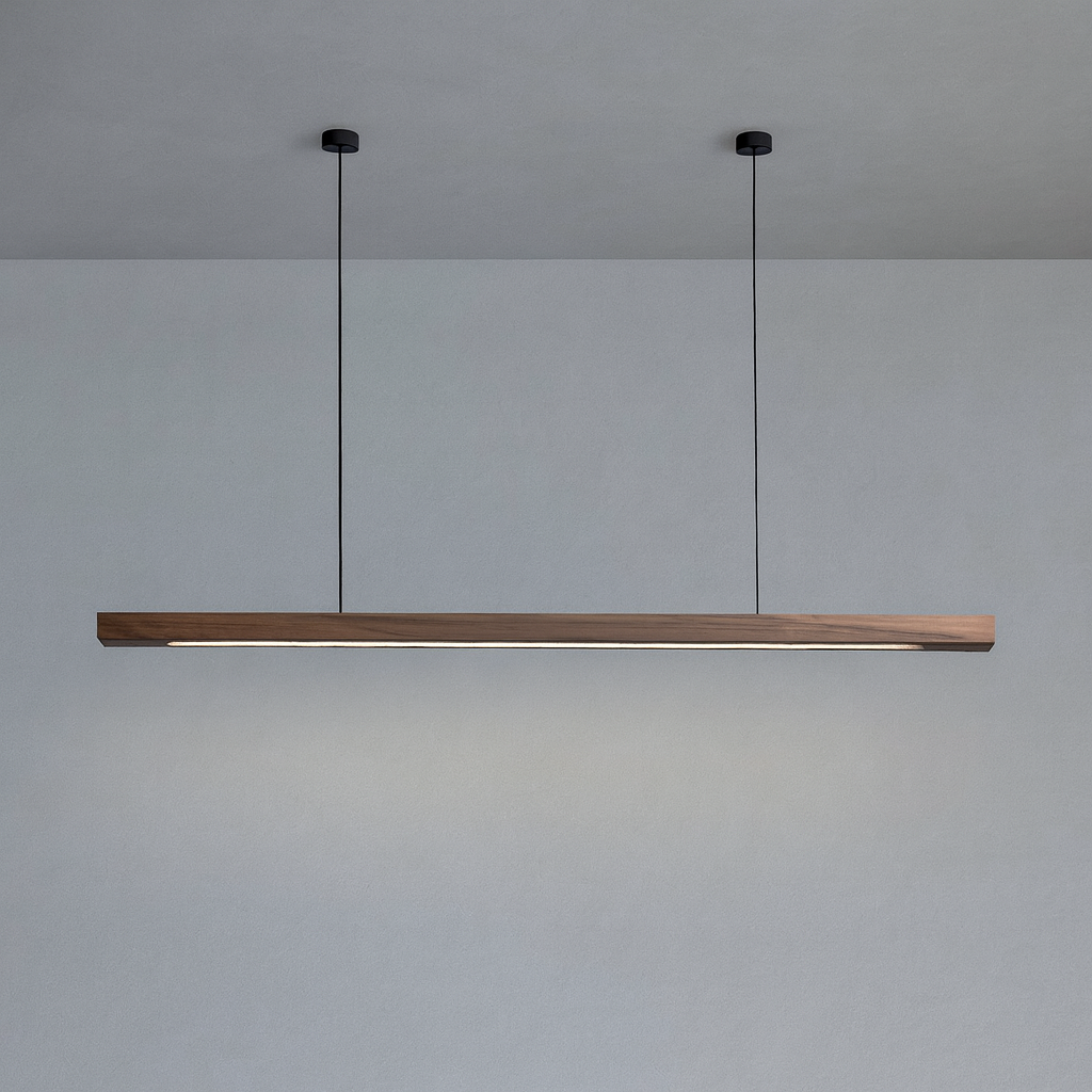 Linear Wood LED Pendant Light for Kitchen Island & Dining – Scandinavian Modern Hanging Fixture in Pine or Walnut | Thomler