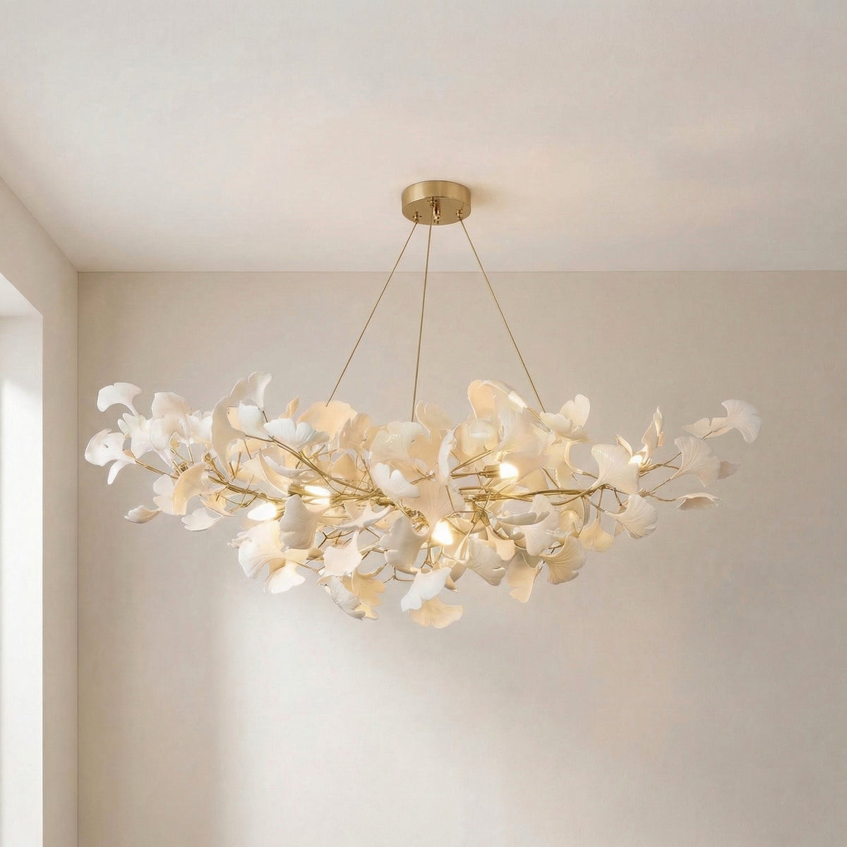 Porcelain Leaf Chandelier Modern Nature-Inspired LED Ceiling Fixture for Dining Room & Kitchen Island Gold Nickel Finish Adjustable Height | Thomler