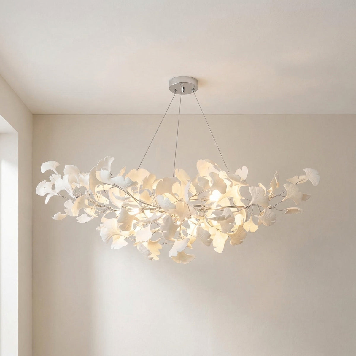 Porcelain Leaf Chandelier Modern Nature-Inspired LED Ceiling Fixture for Dining Room & Kitchen Island Gold Nickel Finish Adjustable Height | Thomler