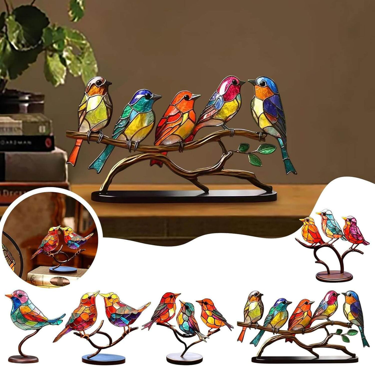 Handblown Glass Birds on Branch Desktop Figurine – Nature-Inspired Art Decor for Office & Home | Thomler