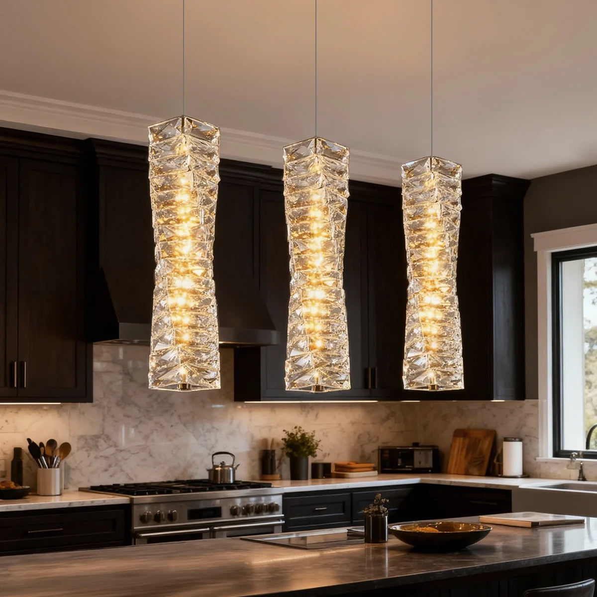 Pendant Light Crystal Stacked Glass 9.8 in LED Kitchen Island Dining Room Hanging Ceiling Fixture Modern Contemporary | Thomler