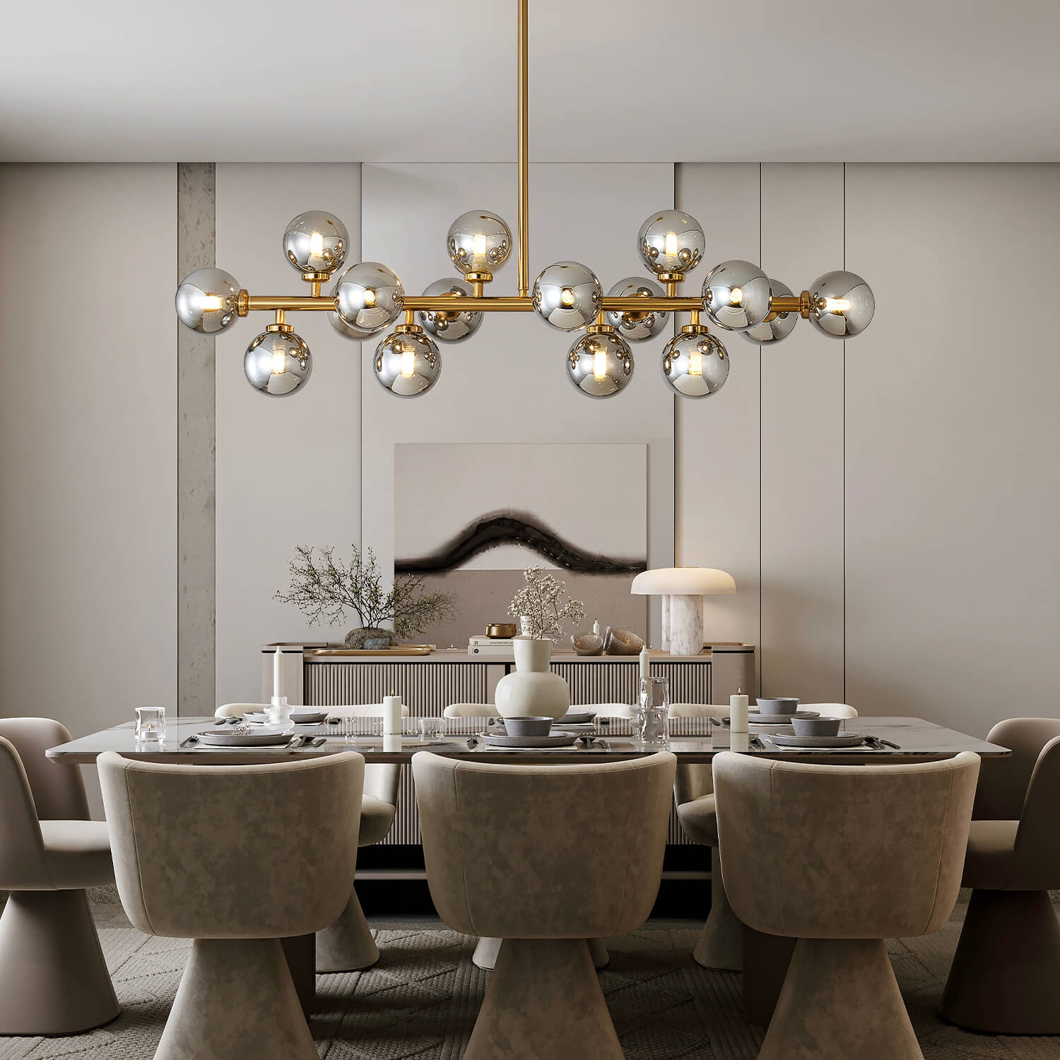 16-Light Linear Island Chandelier with Frosted Glass Globes Gold Finish for Dining Room Kitchen | Thomler