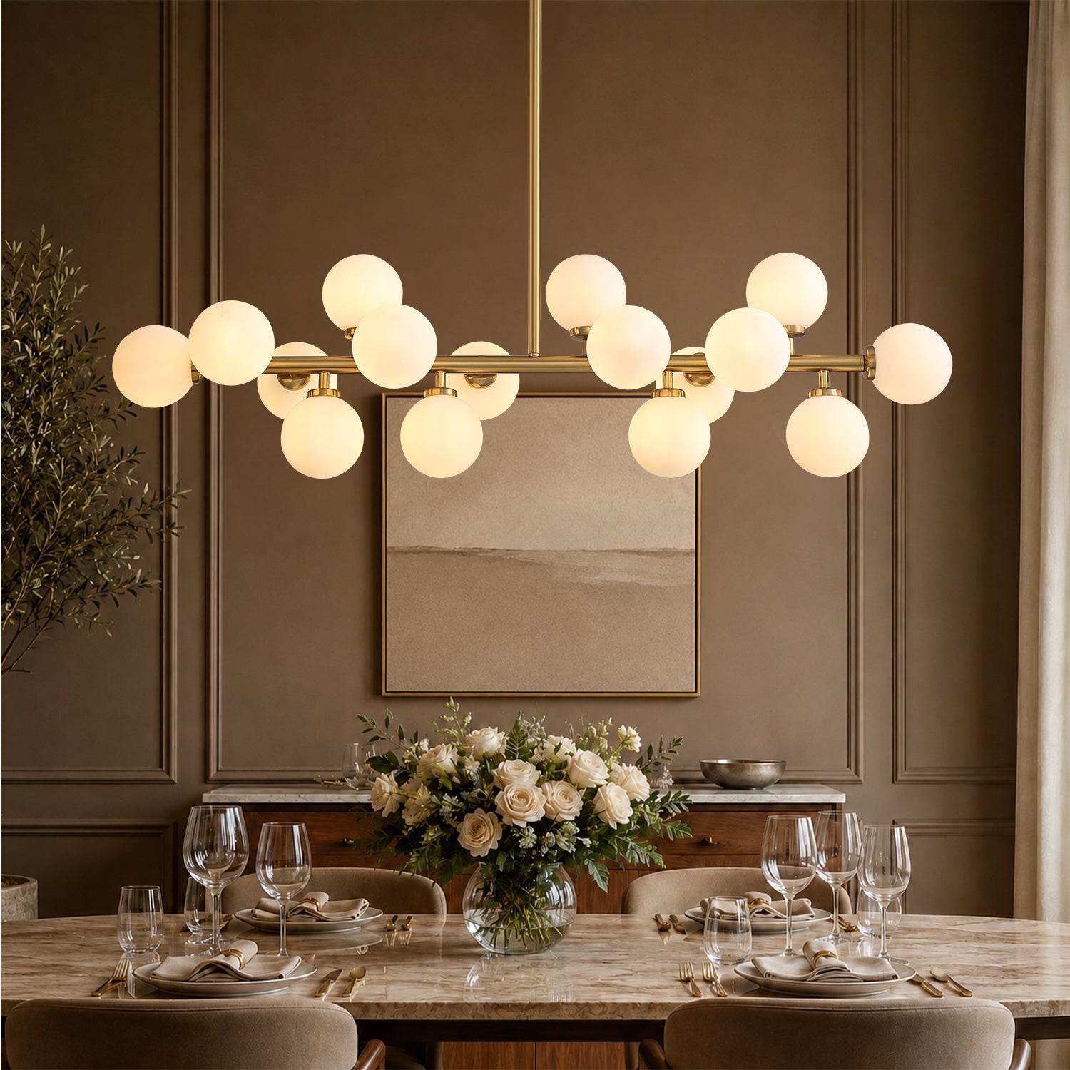 16-Light Linear Island Chandelier with Frosted Glass Globes Gold Finish for Dining Room Kitchen | Thomler