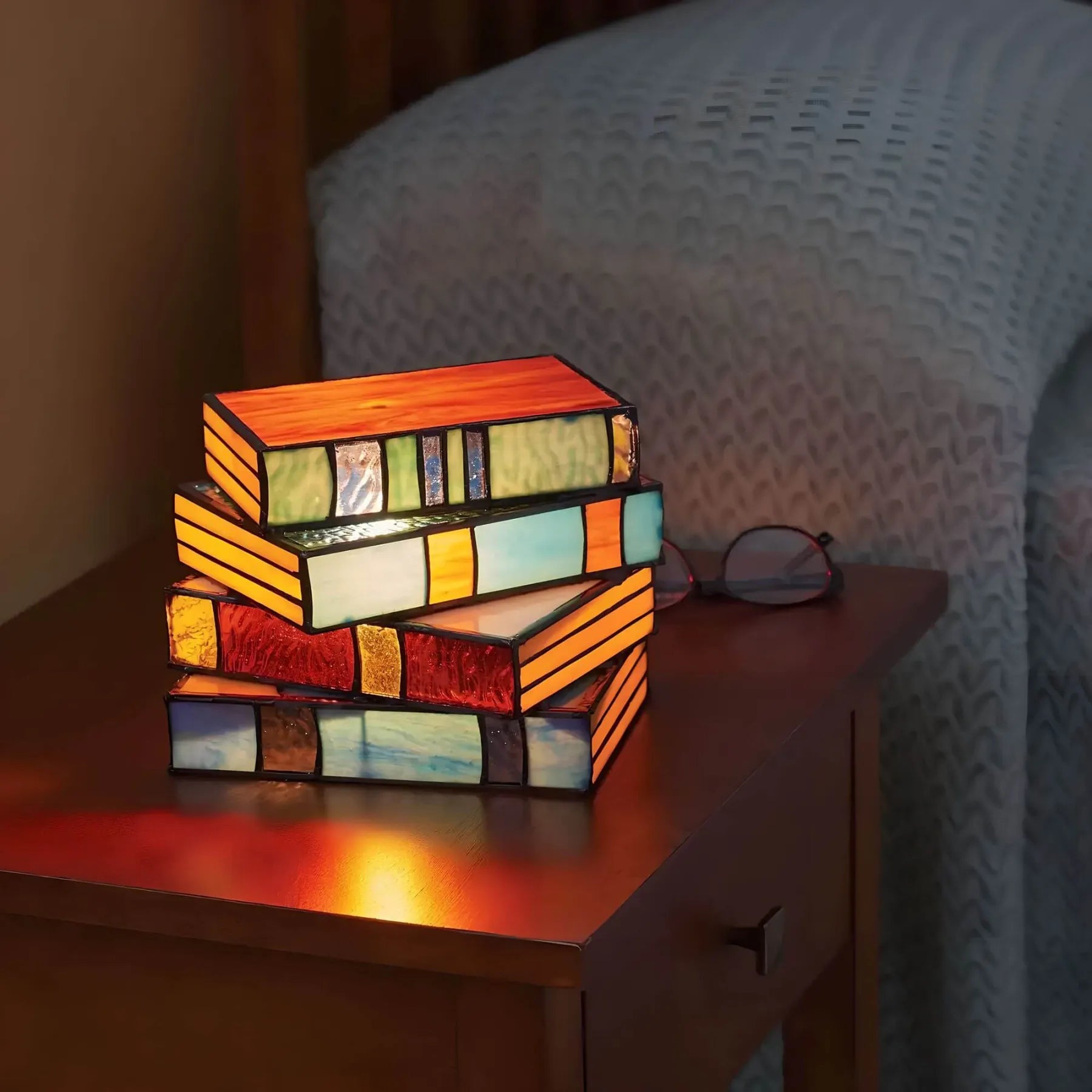 Handcrafted Stained Glass Table Lamp Book Stack Design Multicolor Artistic Accent Lighting for Reading Nook Library Bedroom Living Room | Thomler