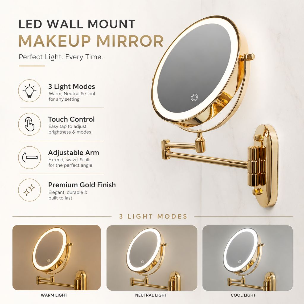 Wall-Mount Lighted Makeup Mirror Rechargeable Double-Sided Vanity Mirror 360° Swivel Adjustable Magnification Touch Control 3 Light Modes | Thomler