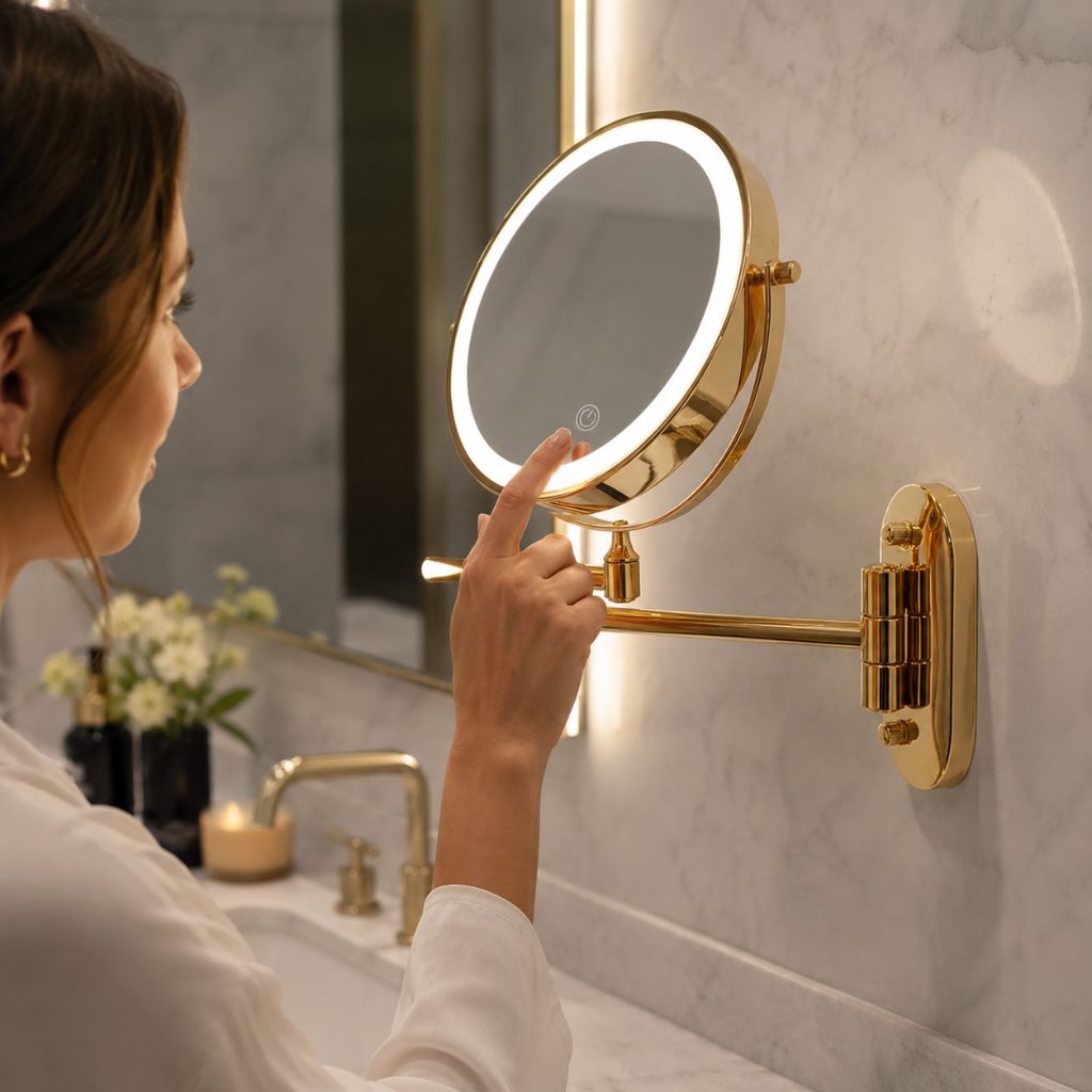Wall-Mount Lighted Makeup Mirror Rechargeable Double-Sided Vanity Mirror 360° Swivel Adjustable Magnification Touch Control 3 Light Modes | Thomler