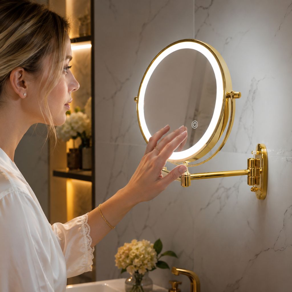Wall-Mount Lighted Makeup Mirror Rechargeable Double-Sided Vanity Mirror 360° Swivel Adjustable Magnification Touch Control 3 Light Modes | Thomler