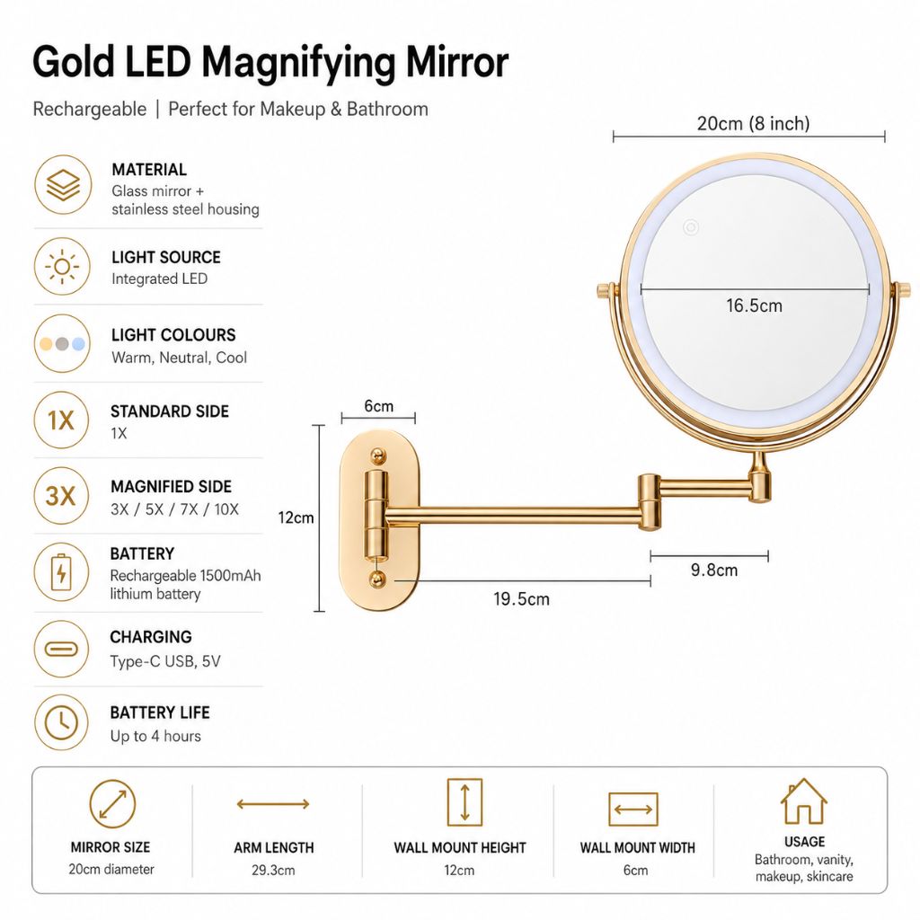 Wall-Mount Lighted Makeup Mirror Rechargeable Double-Sided Vanity Mirror 360° Swivel Adjustable Magnification Touch Control 3 Light Modes | Thomler