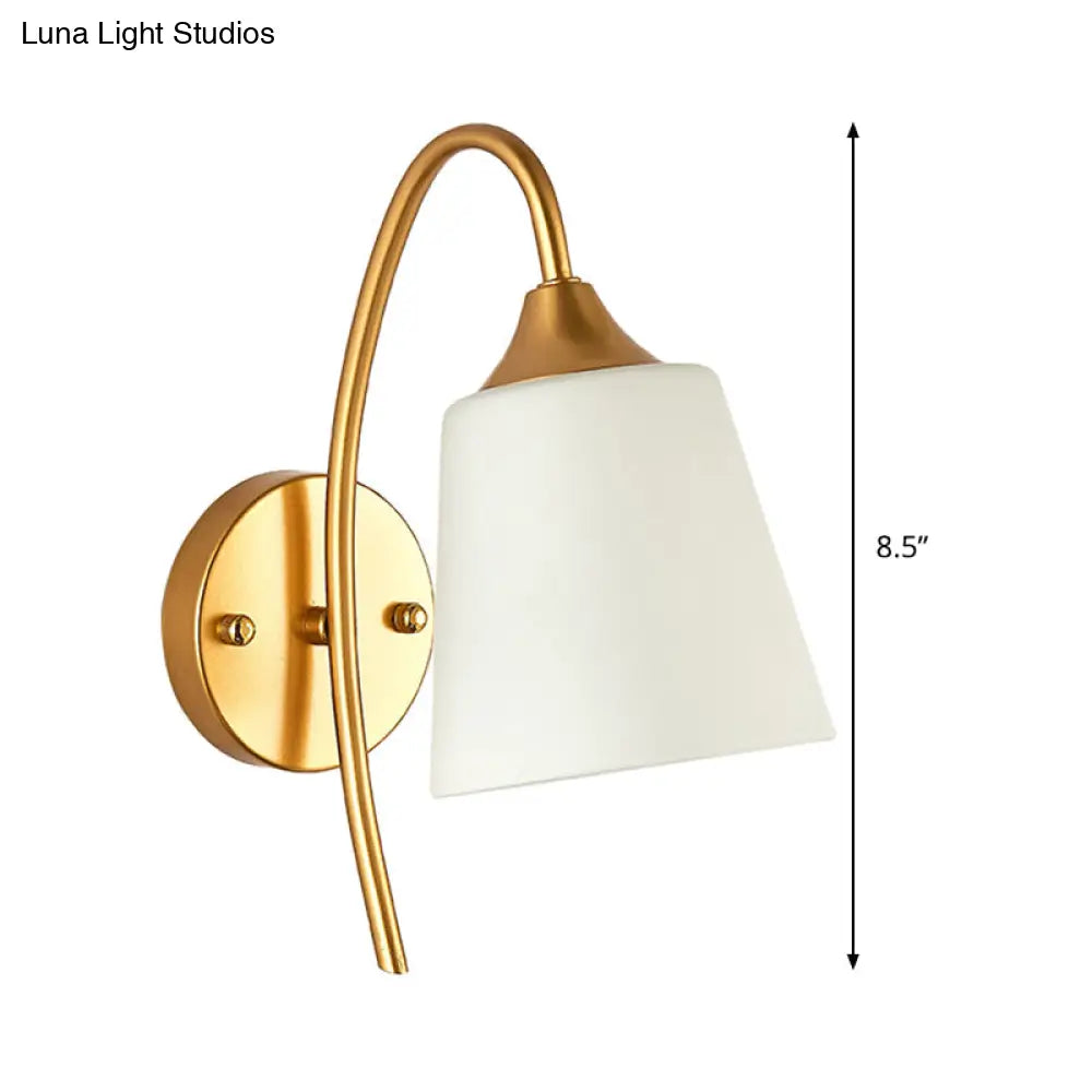 Curved Arm Wall Sconce with Tapered Glass Shade – Adjustable Brass Finish Fixture for Bedroom & Hallway | Thomler