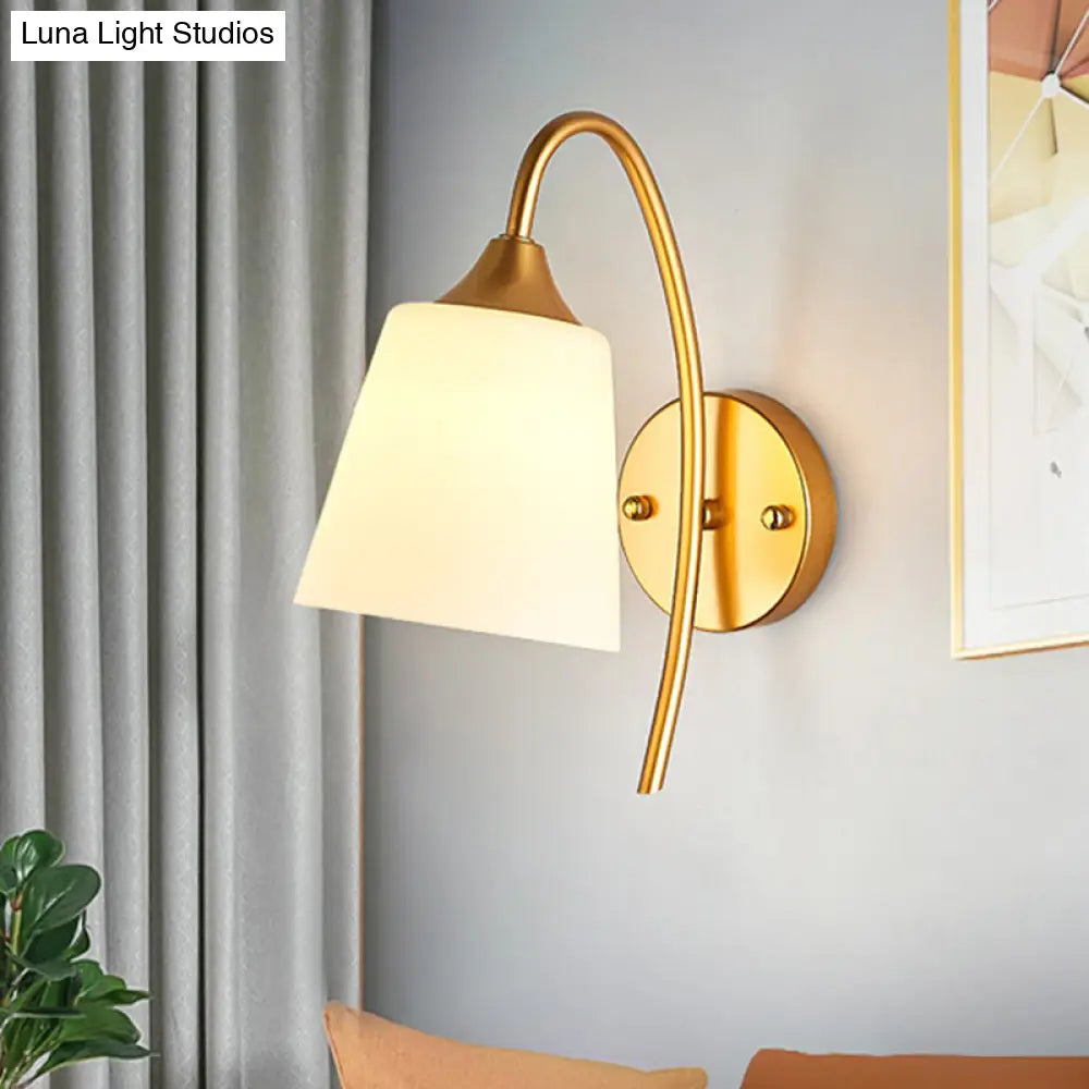 Curved Arm Wall Sconce with Tapered Glass Shade – Adjustable Brass Finish Fixture for Bedroom & Hallway | Thomler