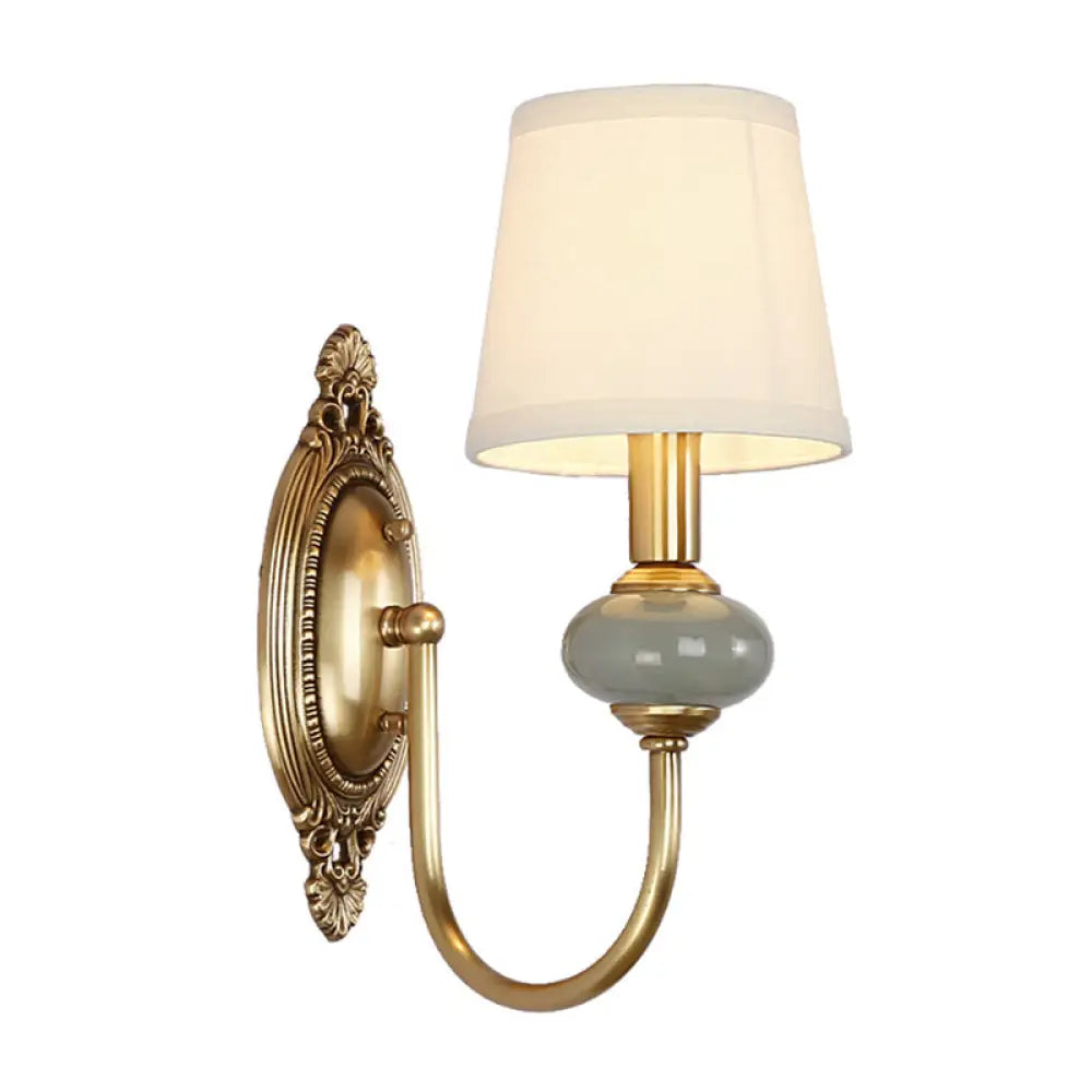 Curved Arm Wall Sconce with Fabric Shade & Jade Accent — 1 or 2 Lights — Brushed Brass Finish for Living Room, Bedroom, Hallway | Thomler