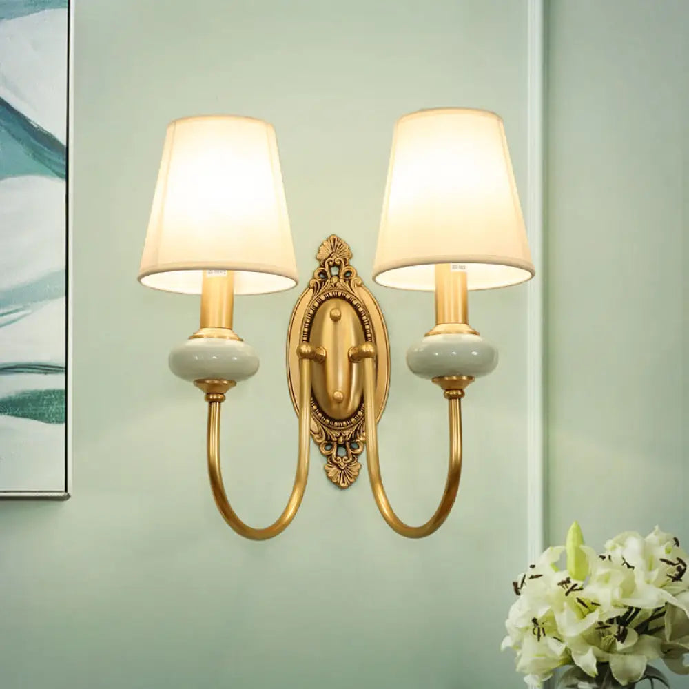 Curved Arm Wall Sconce with Fabric Shade & Jade Accent — 1 or 2 Lights — Brushed Brass Finish for Living Room, Bedroom, Hallway | Thomler