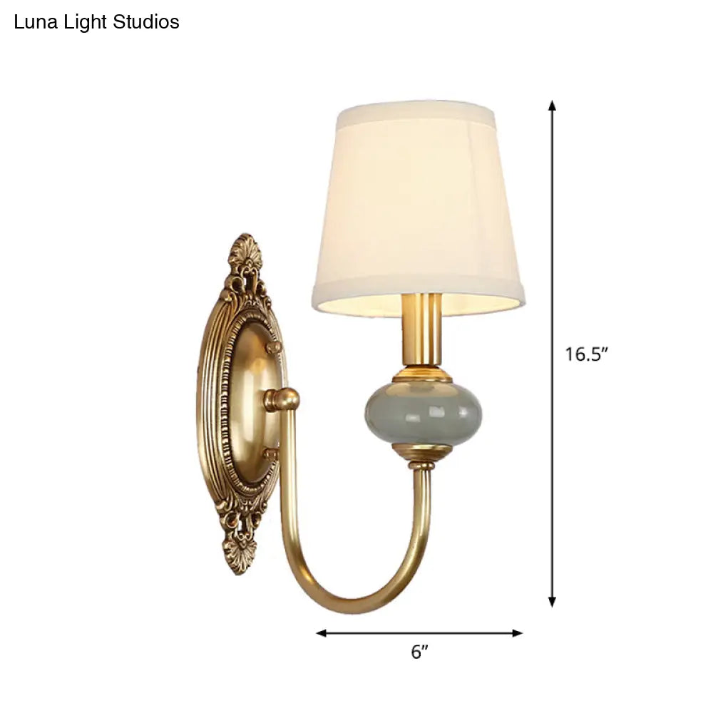 Curved Arm Wall Sconce with Fabric Shade & Jade Accent — 1 or 2 Lights — Brushed Brass Finish for Living Room, Bedroom, Hallway | Thomler