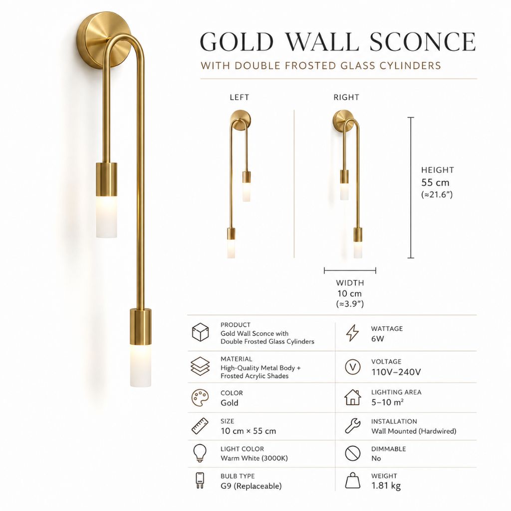 Vertical Brass Wall Light Dual Cylinder Sconce Frosted Shade Mid-Century for Bedroom Hallway Vanity Accent Lighting Contemporary Metal | Thomler