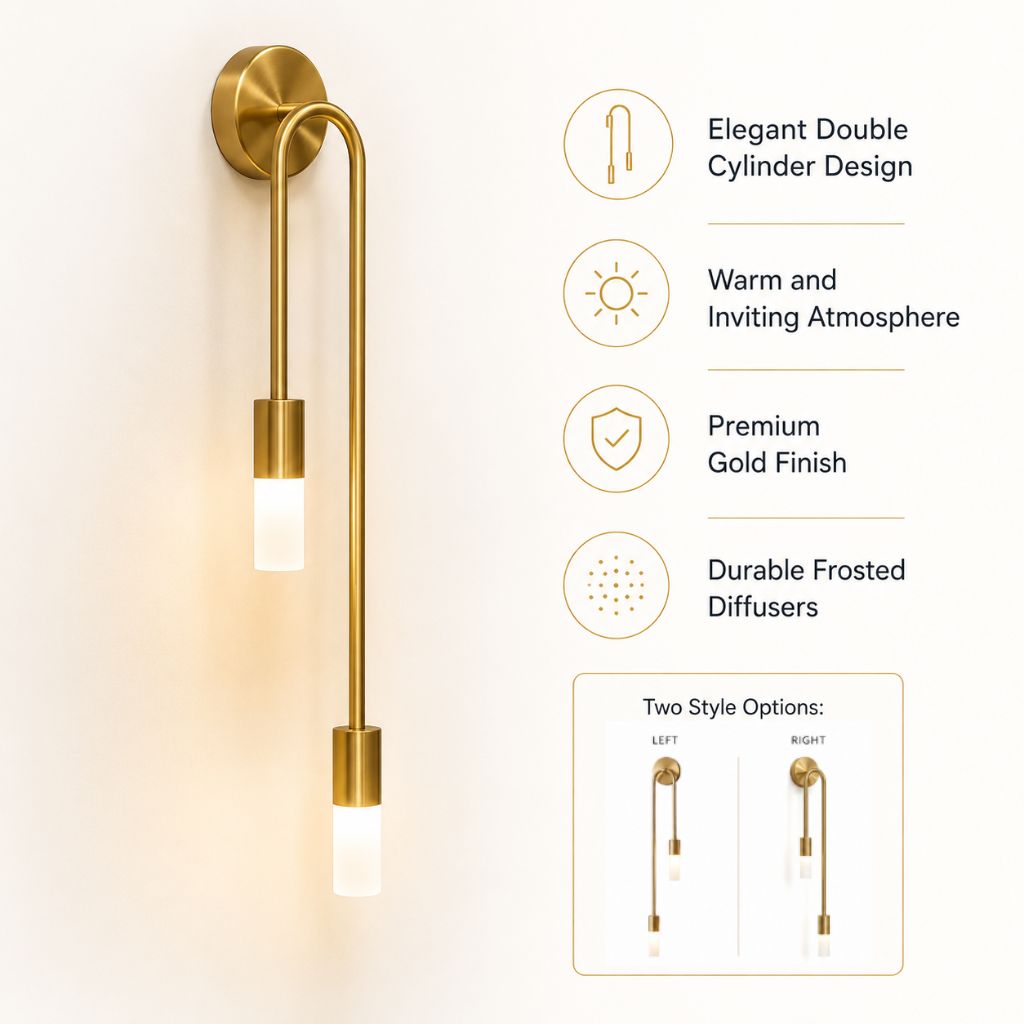 Vertical Brass Wall Light Dual Cylinder Sconce Frosted Shade Mid-Century for Bedroom Hallway Vanity Accent Lighting Contemporary Metal | Thomler