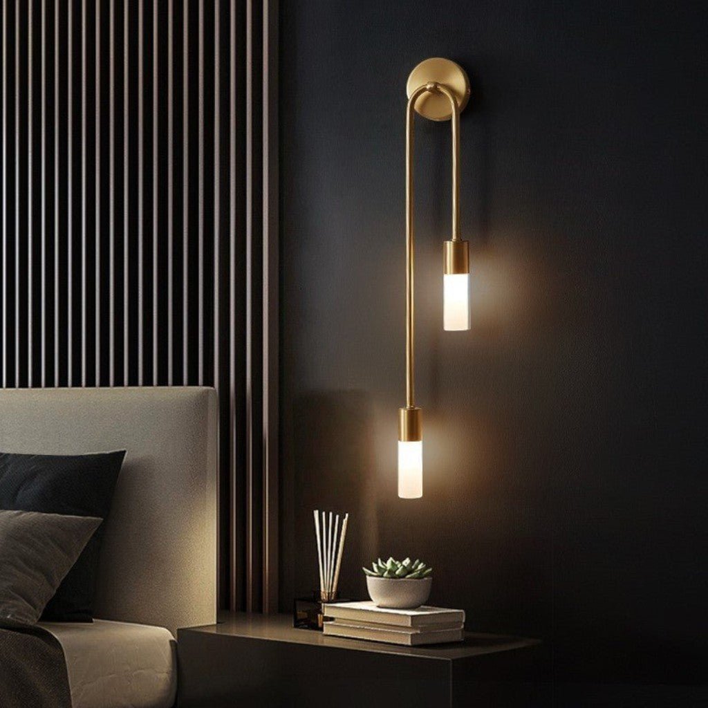 Vertical Brass Wall Light Dual Cylinder Sconce Frosted Shade Mid-Century for Bedroom Hallway Vanity Accent Lighting Contemporary Metal | Thomler