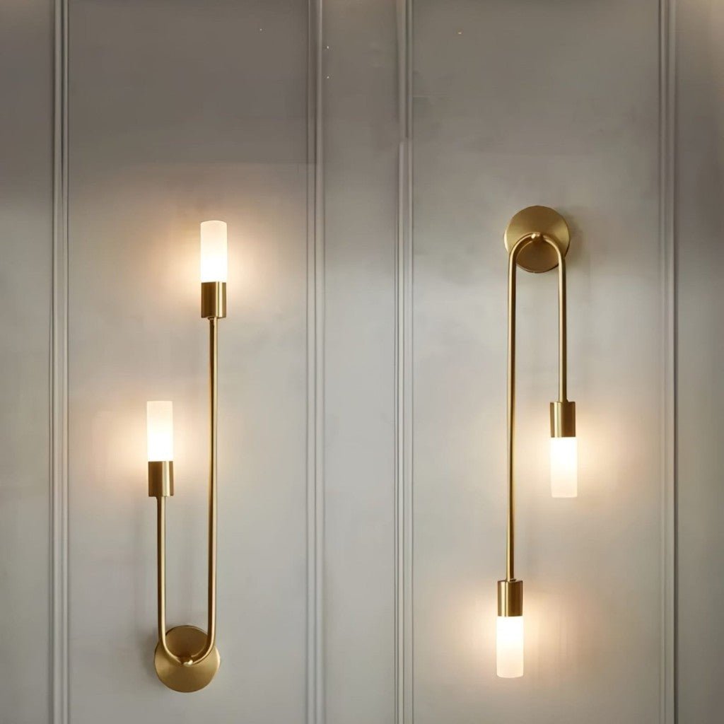 Vertical Brass Wall Light Dual Cylinder Sconce Frosted Shade Mid-Century for Bedroom Hallway Vanity Accent Lighting Contemporary Metal | Thomler