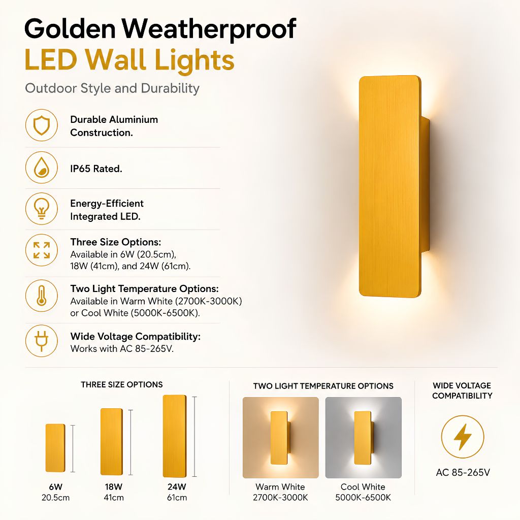 Outdoor Aluminum LED Wall Sconce Gold Finish IP65 Weatherproof Hardwired for Patio Porch Entryway 6W 18W 24W Options 2700K 6500K Lighting | Thomler