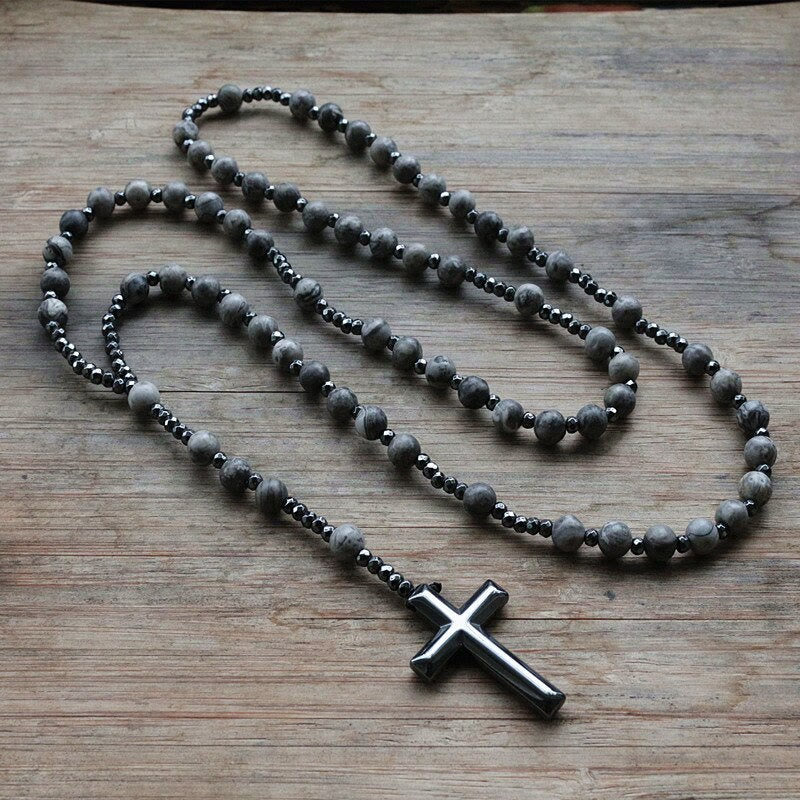 Stone Bead Prayer Chain – Adjustable Gemstone Pendant for Men with Cross Accent | Thomler