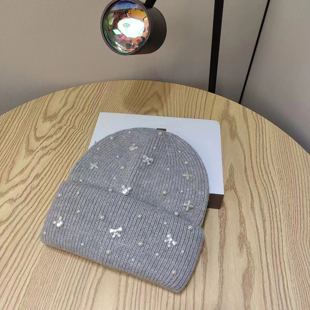 Women's Embellished Cable-Knit Cap with Faux-Pearl Trim – Soft Stretchy Fold-Over Beanie for Cold Days | Thomler