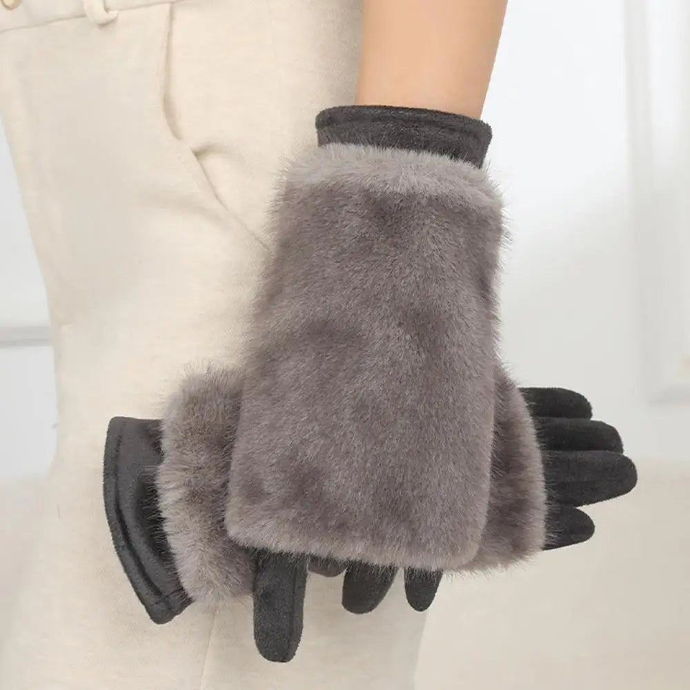 Faux-Suede Winter Gloves with Real Rabbit Fur Cuff for Men & Women – Touchscreen Fingertips, Windproof Lining – Warm Cold-Weather Handwear | Thomler