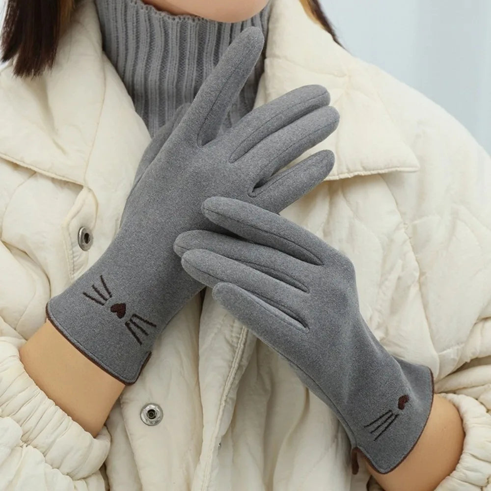 Stretchy Knit Touchscreen Gloves with Embroidered Kitten Detail for Women | Thomler