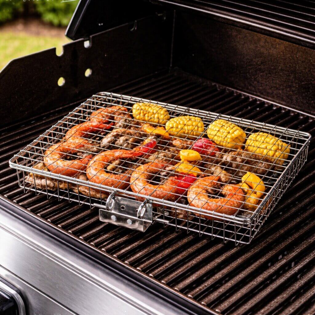 Stainless Steel BBQ Grill Basket for Fish, Vegetables & Small Foods – Open-Grid Grilling Cage with Handle for Outdoor Barbecue | Thomler