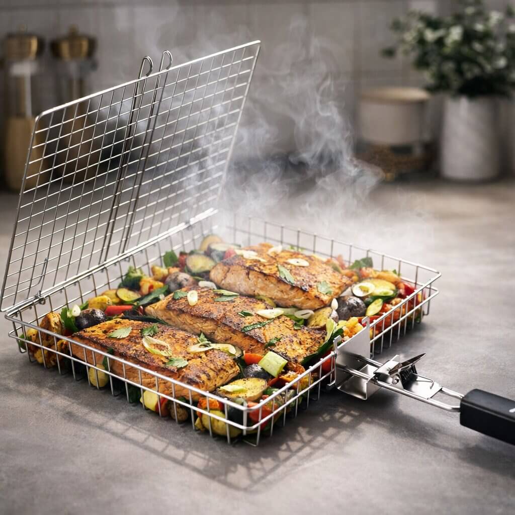 Stainless Steel BBQ Grill Basket for Fish, Vegetables & Small Foods – Open-Grid Grilling Cage with Handle for Outdoor Barbecue | Thomler