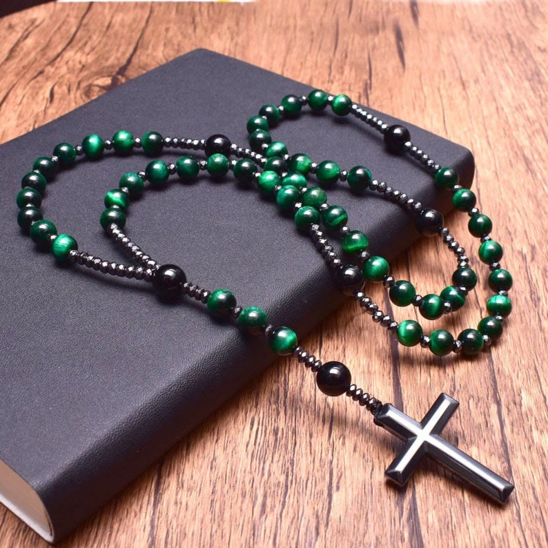 Stone Bead Prayer Chain – Adjustable Gemstone Pendant for Men with Cross Accent | Thomler