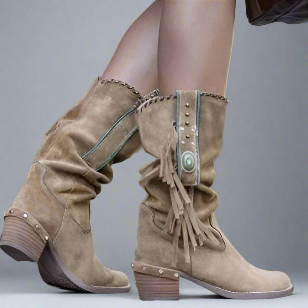 Fringe Mid-Calf Boots – Boho Western Style Women's Ankle Booties for Fall, Winter & Everyday Casual | Thomler