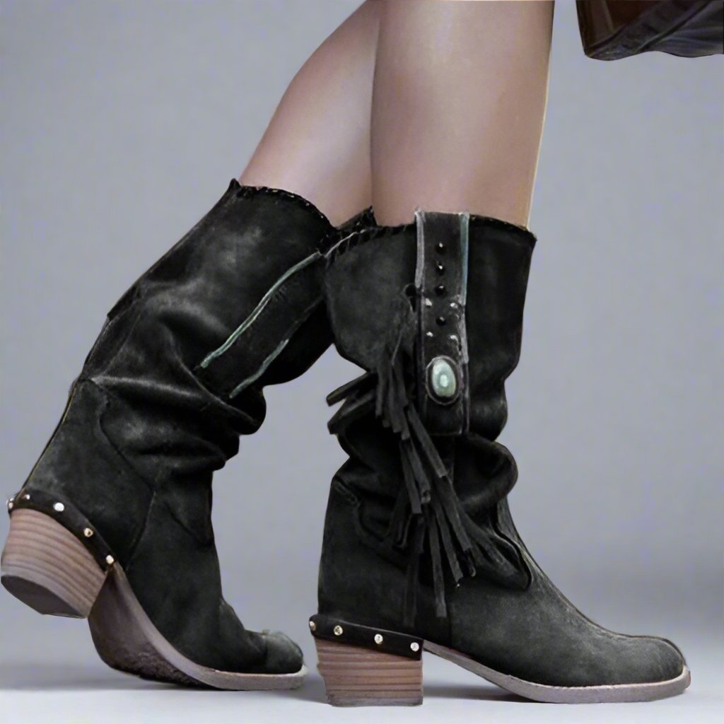 Fringe Mid-Calf Boots – Boho Western Style Women's Ankle Booties for Fall, Winter & Everyday Casual | Thomler