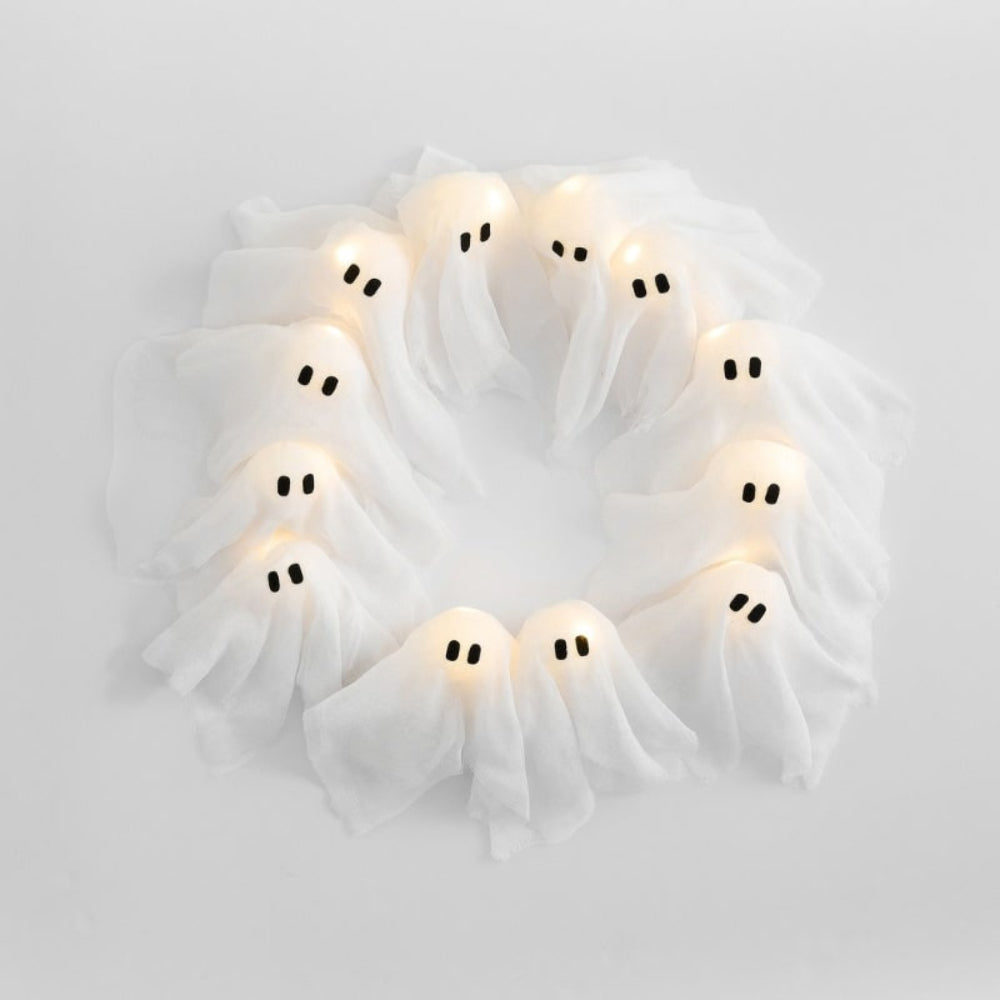 Spooky Lighted Ghost Ring Decoration for Door or Window – 12 Glowing Spirits – Battery-Operated Halloween Hanging Decor | Thomler