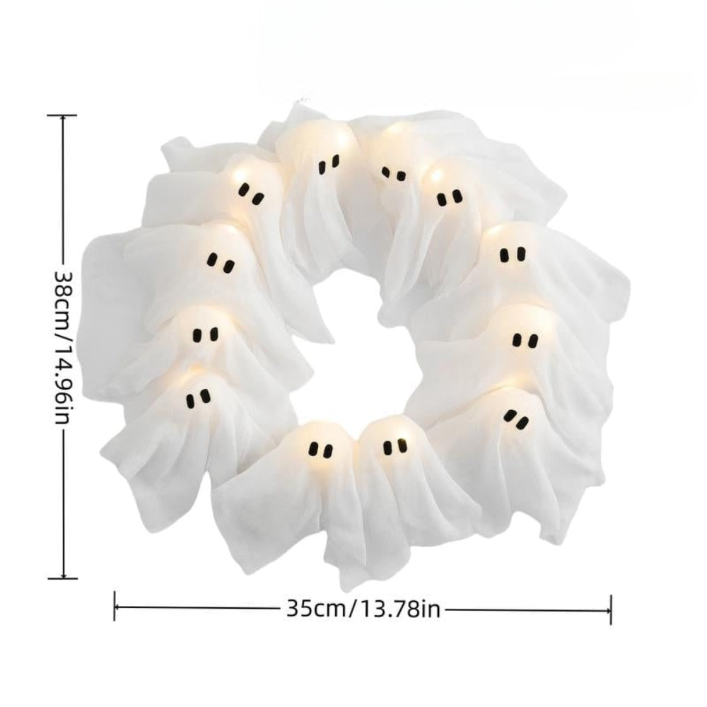 Spooky Lighted Ghost Ring Decoration for Door or Window – 12 Glowing Spirits – Battery-Operated Halloween Hanging Decor | Thomler