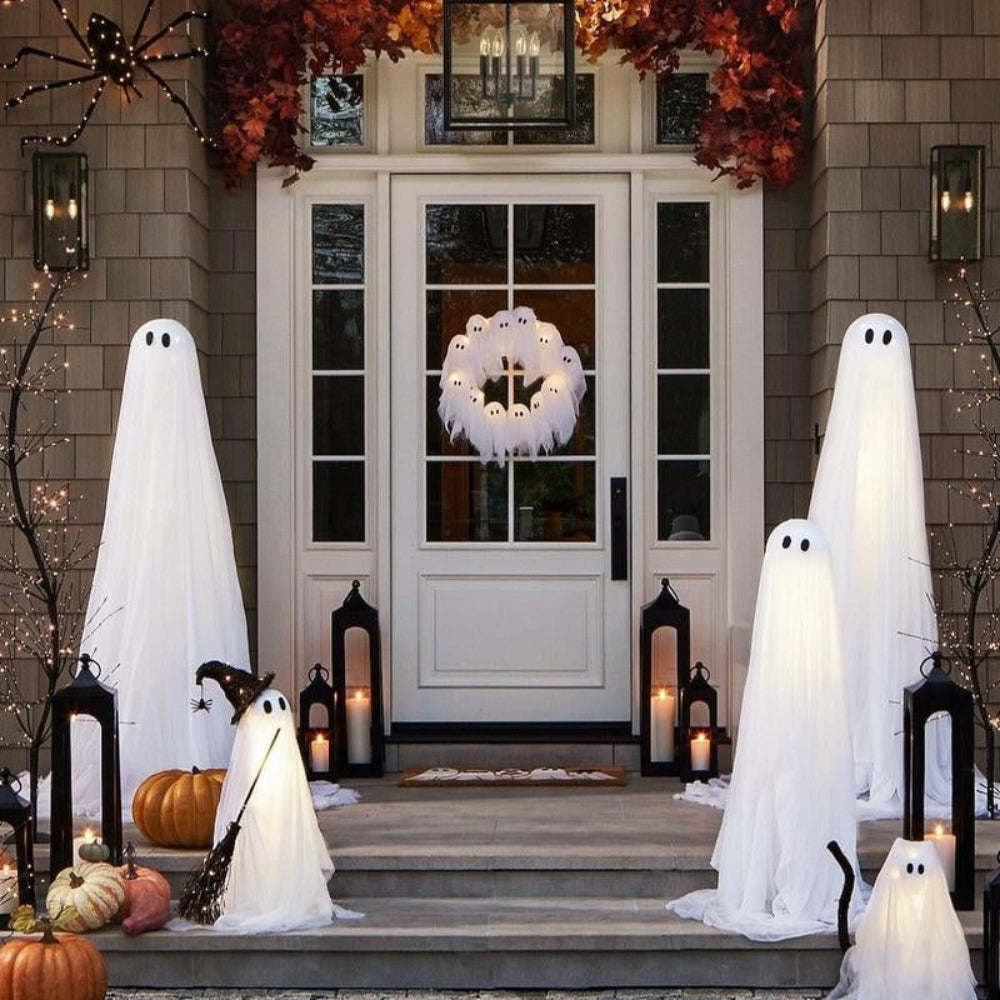 Spooky Lighted Ghost Ring Decoration for Door or Window – 12 Glowing Spirits – Battery-Operated Halloween Hanging Decor | Thomler