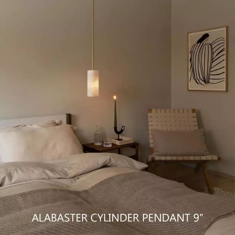 Alabaster Cylinder Pendant Light 9-14 in Natural Stone Single Bulb E26 Hardwire for Kitchen Island Dining Room Bedroom Hallway | Thomler